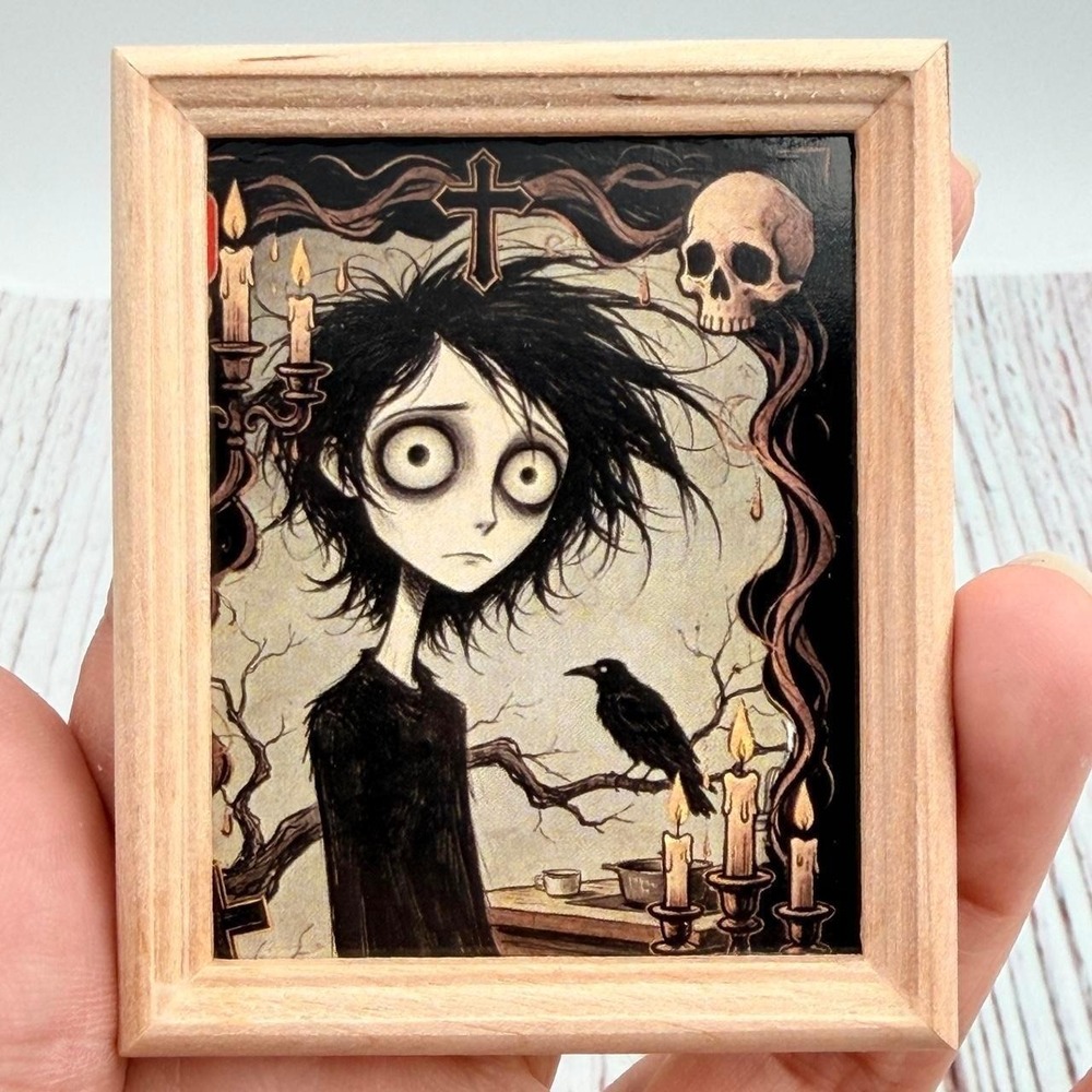 Gothic Spooky Character Upcycled Art Magnet Wood Frame Crow Skull Emo Portrait